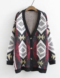 Fashion Black V Neckline Deisgn Geometric Pattern Decorated Sweater