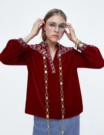 Fashion Red Flower Pattern Decorated Blouse