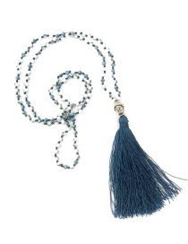Bohemia Dark Blue Buddha&beads Decorated Long Tassel Necklace