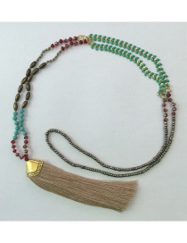 Bohemia Khaki Gemstone&tassel Decorated Long Necklace