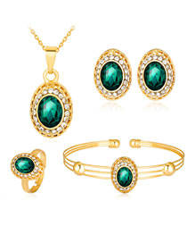 Fashion Green+gold Color Oval Shape Decorated Jewelry Set ( 5 Pcs )