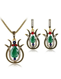 Fashion Green Flower Shape Decorated Jewelry Set (3 Pcs )