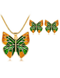 Fashion Gold Color+green Butterfly Shape Decorated Jewelry Set (3 Pcs )