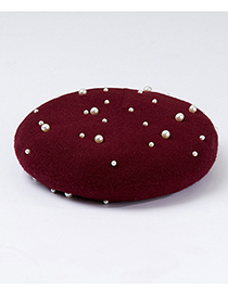 Fashion Claret Red Pearl Decorated Pure Color Berets