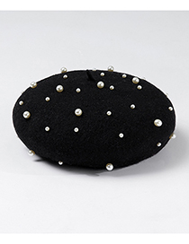 Fashion Black Pearl Decorated Pure Color Berets