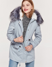 Fashion Gray+blue Fur Collar Design Cotton-padded Clothes