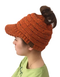 Fashion Brown Label Decorated Hollow Out Knitted Hat