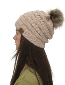 Fashion Beige Label&fuzzy Ball Decorated Knitted Hat