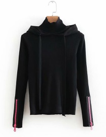 Fashion Black Zipper Decorated Pure Color Sweater