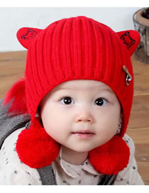 Fashion Red Fuzzy Balls Decorated Pure Color Baby Hat