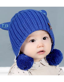 Fashion Blue Fuzzy Balls Decorated Pure Color Baby Hat