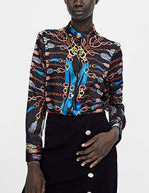 Fashion Black Chains Pattern Decorated High Neckline Shirt