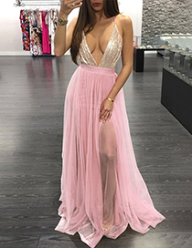 Sexty Pink V Neckline Design Pure Color Long Dress