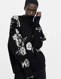 Fashion Black High Neckline Design Long Sleeves Sweater