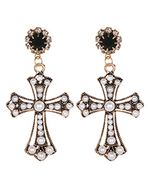 Fashion Black Pearls Decorated Cross Shape Earrings