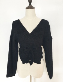 Elegant Black V Neckline Design Pure Color Sweater
