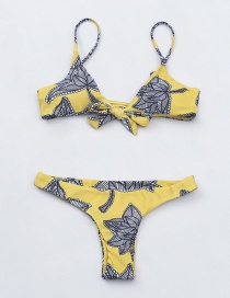 Sexy Yellow Leaf Pattern Design Split Swimwear