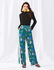 Fashion Green Flower Pattern Decorated Long Pants