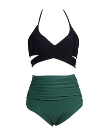 Sexy Black+green Off-the-shoulder Design Swimwear(2pcs)