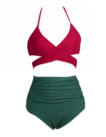 Sexy Red+green Off-the-shoulder Design Swimwear(2pcs)