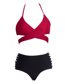 Sexy Red+black Off-the-shoulder Design Swimwear(2pcs)