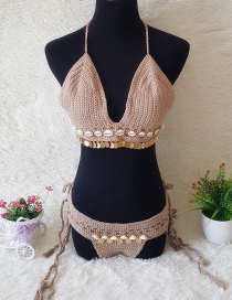 Vintage Khaki Shell Decorated V Neckline Bikini