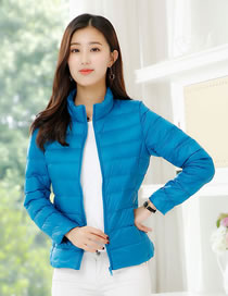 Simple Blue Pure Color Decorated Down Jacket