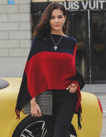 Fashion Red+navy Tassel Decorated Color Matching Sweater