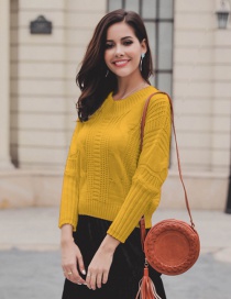 Fashion Yellow Pure Color Design Round Neckline Sweater