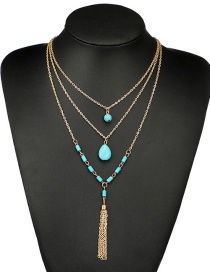 Fashion Gold Color+blue Waterdrop Shape Decorated Tassel Necklace