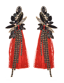 Fashion Red Diamond Decorated Long Tassel Earrings