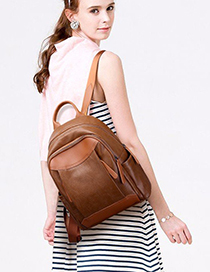 Trendy Dark Brown Pure Color Decorated Simple Backpack