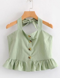 Fashion Light Green Buttons Decorated Pure Color Blouse