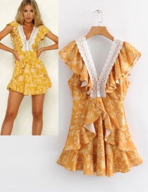 Fashion Yellow V Neckline Design Flower Pattern Dress