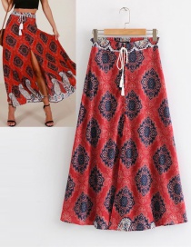 Fashion Red Flowers Decorated Drawstring Skirt