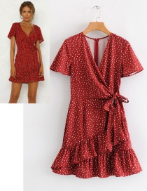 Fashion Red Dots Pattern Decorated V Neckline Dress