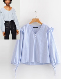Fashion Blue Stripe Pattern Design V Neckline Shirt