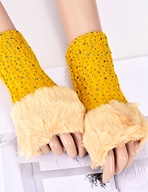 Fashion Yellow Diamond Decorated Pure Color Gloves