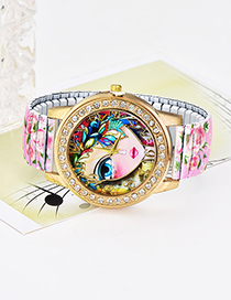 Fashion Light Pink Girl&flowers Pattern Decorated Watch