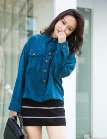 Fashion Peacock Blue Buttons Decorated Pure Color Coat