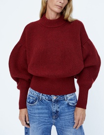 Fashion Claret Red Pure Color Decorated Sweater