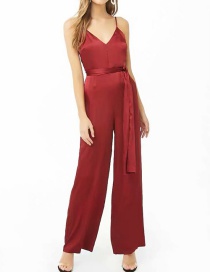 Fashion Claret Red V Neckline Design Pure Color Jumpsuit