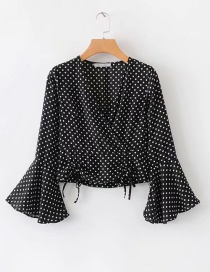 Fashion Black Dots Pattern Design V Neckline Blouse