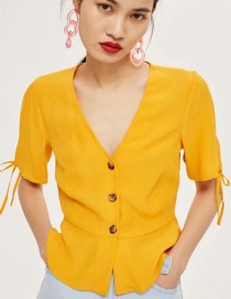 Fashion Yellow V Neckline Design Pure Color Blouse