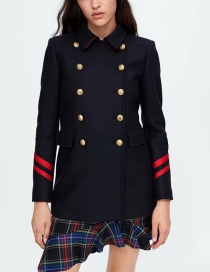 Fashion Dark Blue Buttons Decorated Long Sleeves Overcoat