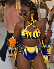 Sexy Yellow Stripe Pattern Design High Waist Swimwear