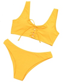 Sexy Yellow Pure Color Decorated Split Swimwear