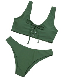 Sexy Green Pure Color Decorated Split Swimwear