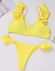 Sexy Yellow Pure Color Decorated Split Bikini
