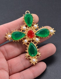 Fashion Green Gemstone Decorated Cross Shape Brooch